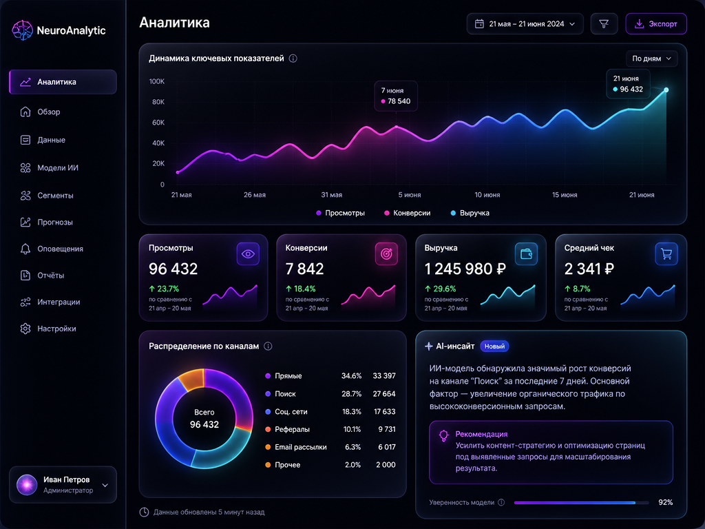Интерфейс дашборда НейроАналитик: графики, KPI и AI-инсайты