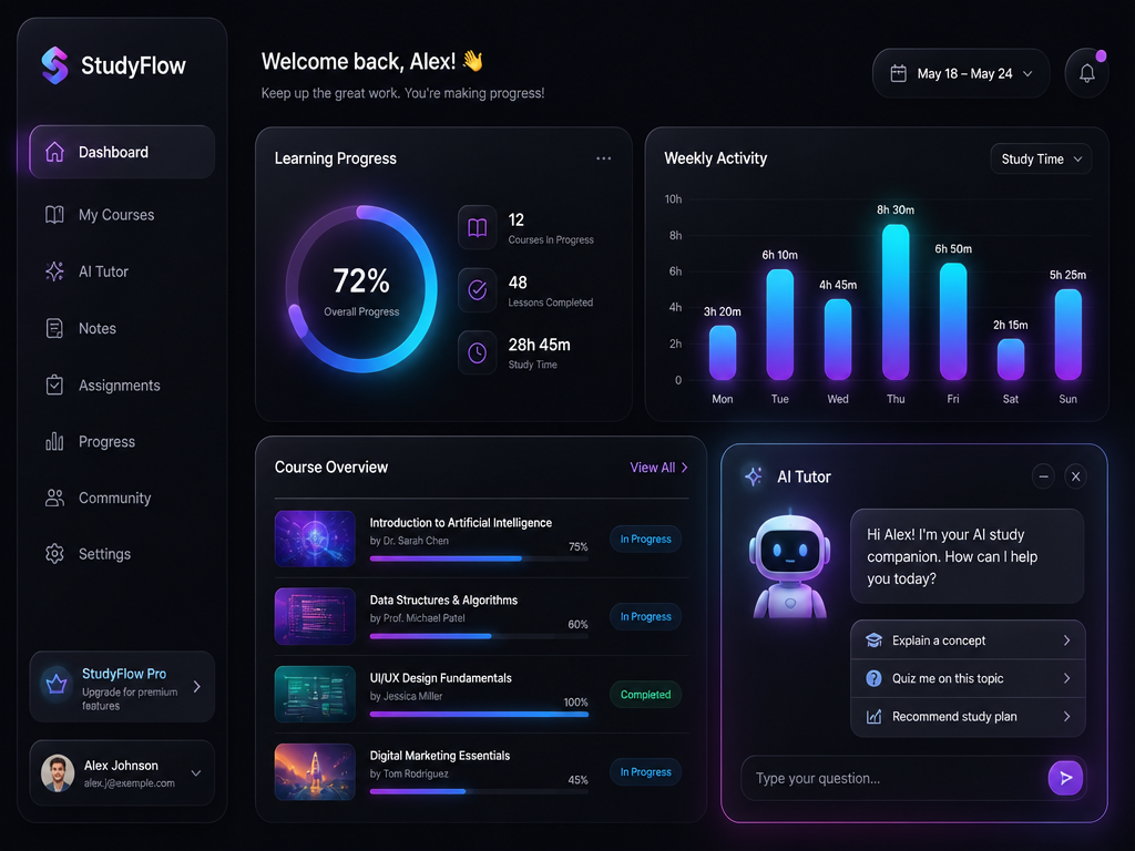 Интерфейс дашборда StudyFlow: прогресс обучения, активность и AI-репетитор
